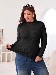 Solflare Plus Size Women's Solid Color Casual Long Sleeve T-Shirt For Daily Wear - Black - View 5