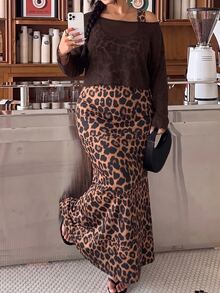 Muchica Setelan 3 Potong Wanita Ukuran Plus dengan Atasan Bahu Asimetris dan Gaun Tank Motif Leopard - Coklat - View 5