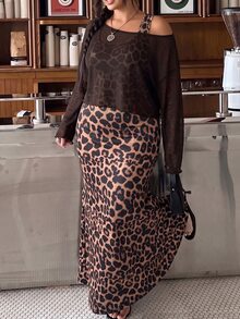 Muchica Setelan 3 Potong Wanita Ukuran Plus dengan Atasan Bahu Asimetris dan Gaun Tank Motif Leopard - Coklat - View 3