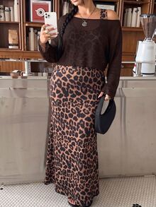 Muchica Setelan 3 Potong Wanita Ukuran Plus dengan Atasan Bahu Asimetris dan Gaun Tank Motif Leopard - Coklat - View 6
