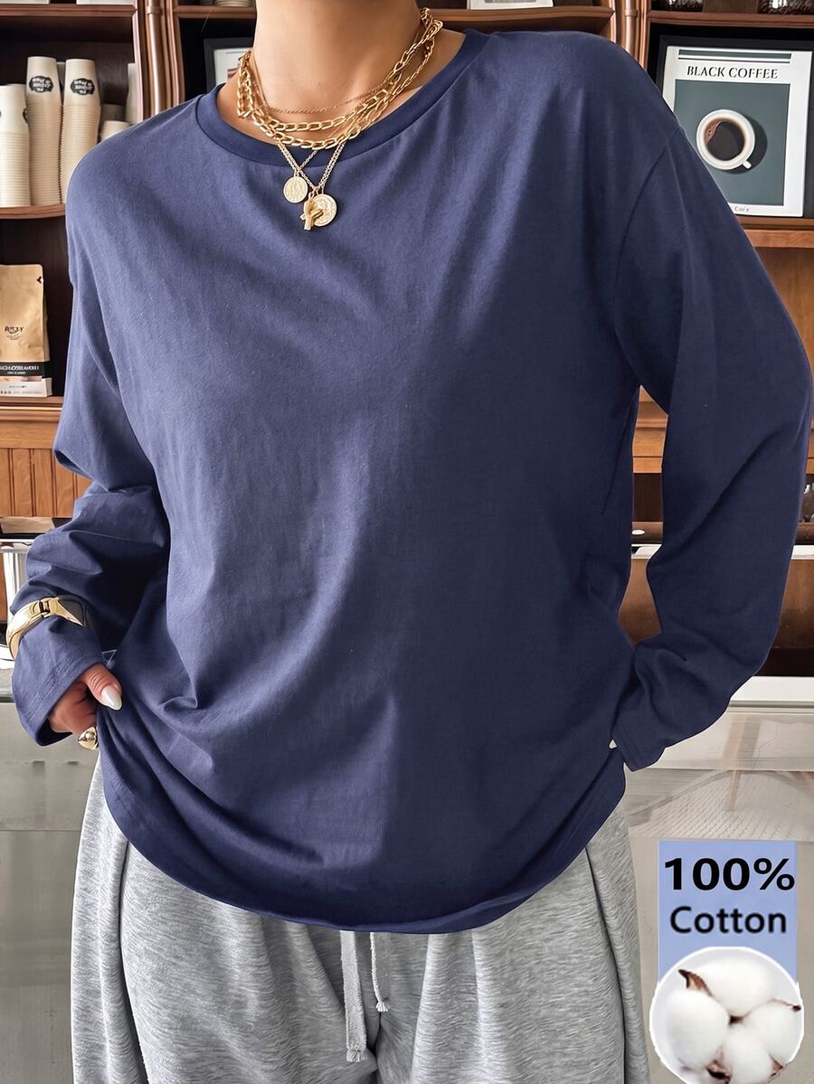 Muchica Plus Size Solid Color Casual Long Sleeve Crew Neck T-Shirt For Daily Wear - Navy Blue - View 1