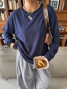 Muchica Plus Size Solid Color Casual Long Sleeve Crew Neck T-Shirt For Daily Wear - Navy Blue - View 5