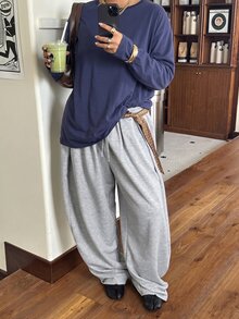 Muchica Plus Size Solid Color Casual Long Sleeve Crew Neck T-Shirt For Daily Wear - Navy Blue - View 4