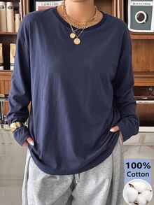 Muchica Plus Size Solid Color Casual Long Sleeve Crew Neck T-Shirt For Daily Wear - Navy Blue - View 6