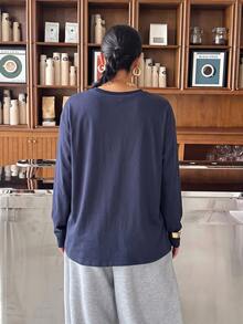 Muchica Plus Size Solid Color Casual Long Sleeve Crew Neck T-Shirt For Daily Wear - Navy Blue - View 2