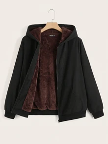 SHEIN EZwear Jaket Lengan Panjang Kasual Serbaguna Wanita Ukuran Besar Warna Polos dengan Lapisan Termal - Chocolate Brown - View 1