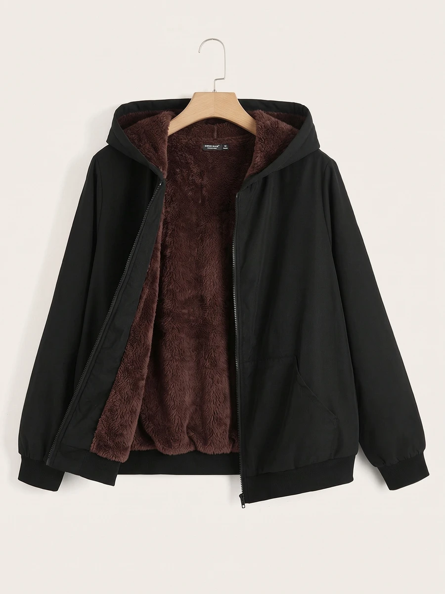 SHEIN EZwear Jaket Lengan Panjang Kasual Serbaguna Wanita Ukuran Besar Warna Polos dengan Lapisan Termal - Chocolate Brown - View 1