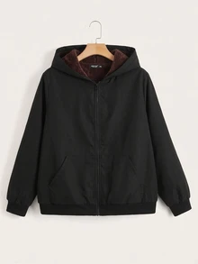 SHEIN EZwear Jaket Lengan Panjang Kasual Serbaguna Wanita Ukuran Besar Warna Polos dengan Lapisan Termal - Chocolate Brown - View 3