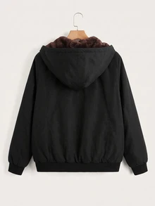 SHEIN EZwear Jaket Lengan Panjang Kasual Serbaguna Wanita Ukuran Besar Warna Polos dengan Lapisan Termal - Chocolate Brown - View 2