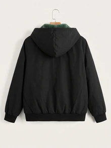 SHEIN EZwear 大尺碼女款長袖拉鍊連帽外套，附保暖內裡，冬季穿著 - 墨綠色 - 查看 2
