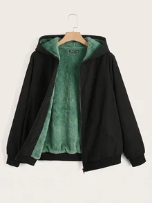 SHEIN EZwear 大尺碼女款長袖拉鍊連帽外套，附保暖內裡，冬季穿著 - 墨綠色 - 查看 1