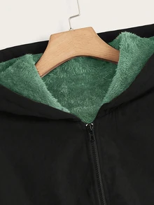 SHEIN EZwear 大尺碼女款長袖拉鍊連帽外套，附保暖內裡，冬季穿著 - 墨綠色 - 查看 3