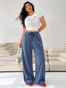 Solflare Plus Size Women's Casual Drawstring Waist Loose Sweatpants For Daily Wear - Baby Blue - View 3