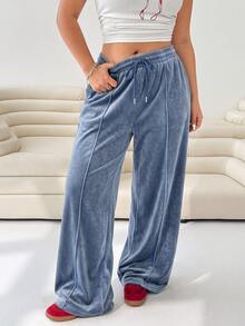 Solflare Plus Size Women's Casual Drawstring Waist Loose Sweatpants For Daily Wear - Baby Blue - View 1