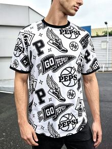 PEPSI X SHEIN Manfinity Dauomo 男士幾何圖案印花休閒短袖T恤 - 彩色 - 查看 1