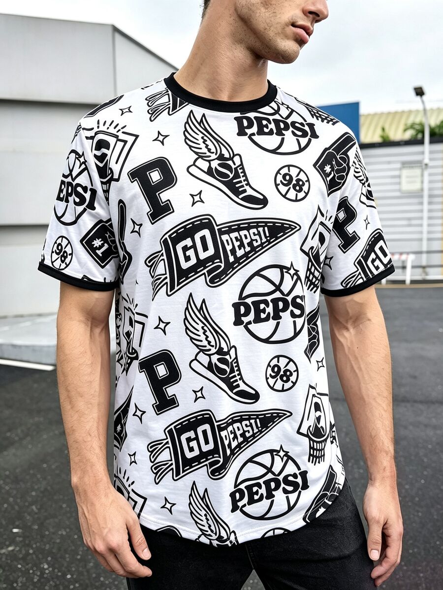 PEPSI X SHEIN Manfinity Dauomo 男士幾何圖案印花休閒短袖T恤 - 彩色 - 查看 1