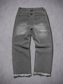 Manfinity Denimwave 男士街頭休閒刺繡荊棘補丁黑色水洗牛仔寬腿長褲 - 灰色 - 查看 8