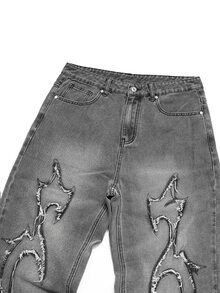 Manfinity Denimwave 男士街頭休閒刺繡荊棘補丁黑色水洗牛仔寬腿長褲 - 灰色 - 查看 5