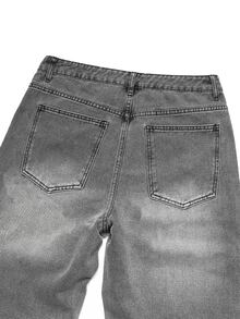 Manfinity Denimwave 男士街頭休閒刺繡荊棘補丁黑色水洗牛仔寬腿長褲 - 灰色 - 查看 6