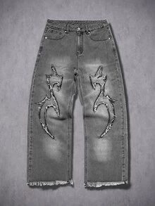 Manfinity Denimwave 男士街頭休閒刺繡荊棘補丁黑色水洗牛仔寬腿長褲 - 灰色 - 查看 9