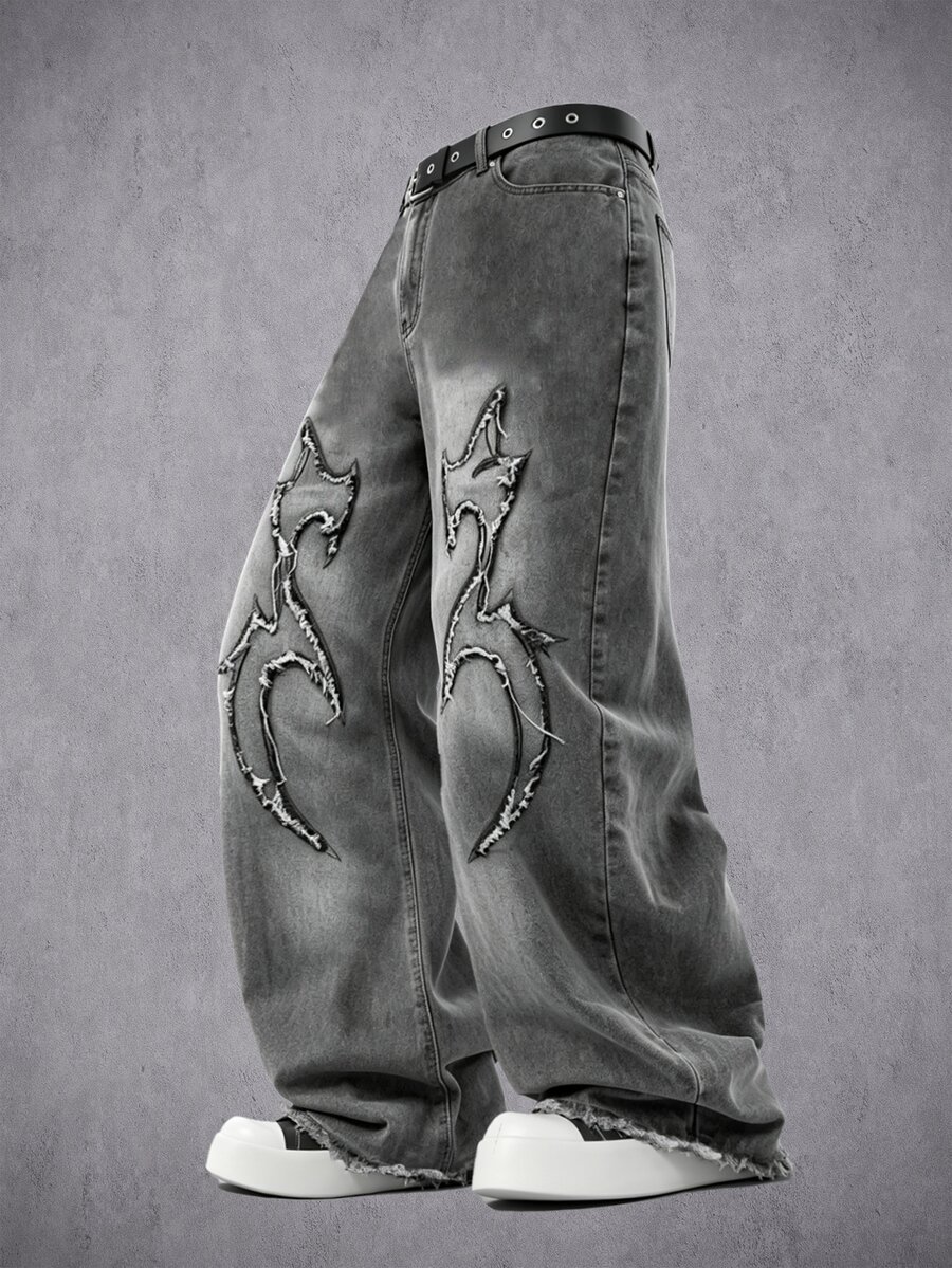 Manfinity Denimwave 男士街頭休閒刺繡荊棘補丁黑色水洗牛仔寬腿長褲 - 灰色 - 查看 1