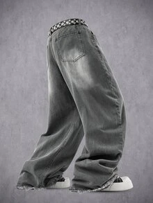 Manfinity Denimwave 男士街頭休閒刺繡荊棘補丁黑色水洗牛仔寬腿長褲 - 灰色 - 查看 2
