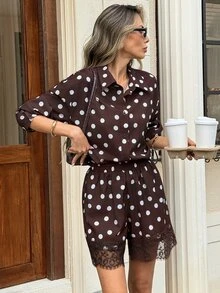 Serisse Women's Brown And White Polka Dot Long Sleeve Single-Breasted Shirt And Contrast Lace Shorts Set, Autumn, Casual Vintage Elegant Brunch Tea Party - Brown - View 7