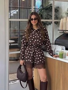 Serisse Women's Brown And White Polka Dot Long Sleeve Single-Breasted Shirt And Contrast Lace Shorts Set, Autumn, Casual Vintage Elegant Brunch Tea Party - Brown - View 4