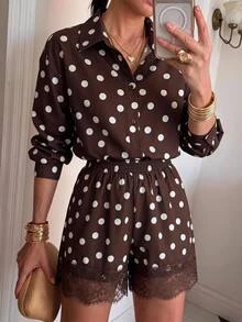 Serisse Women's Brown And White Polka Dot Long Sleeve Single-Breasted Shirt And Contrast Lace Shorts Set, Autumn, Casual Vintage Elegant Brunch Tea Party - Brown - View 5