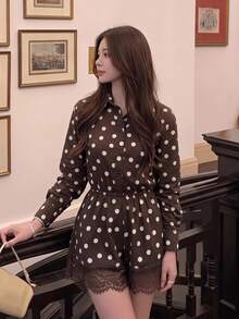 Serisse Women's Brown And White Polka Dot Long Sleeve Single-Breasted Shirt And Contrast Lace Shorts Set, Autumn, Casual Vintage Elegant Brunch Tea Party - Brown - View 1