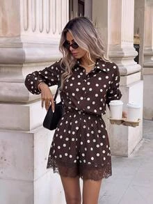 Serisse Women's Brown And White Polka Dot Long Sleeve Single-Breasted Shirt And Contrast Lace Shorts Set, Autumn, Casual Vintage Elegant Brunch Tea Party - Brown - View 6