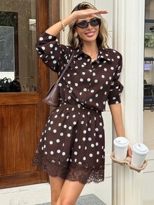 Serisse Women's Brown And White Polka Dot Long Sleeve Single-Breasted Shirt And Contrast Lace Shorts Set, Autumn, Casual Vintage Elegant Brunch Tea Party - Brown - View 8