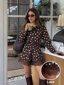 Serisse Women's Brown And White Polka Dot Long Sleeve Single-Breasted Shirt And Contrast Lace Shorts Set, Autumn, Casual Vintage Elegant Brunch Tea Party - Brown - View 3