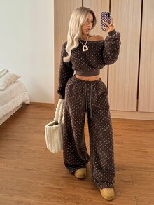 SHEIN EZwear 秋季/咖啡色波點抓絨運動衫與抽繩腰長褲 2件套居家休閒可愛休閒裝 - 咖啡棕 - 查看 7