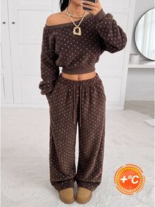 SHEIN EZwear 秋季/咖啡色波點抓絨運動衫與抽繩腰長褲 2件套居家休閒可愛休閒裝 - 咖啡棕 - 查看 3