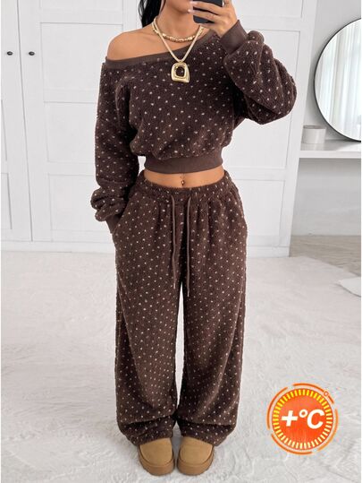 SHEIN EZwear Autumn/Winter Coffee Color Polka Dot Fleece Sweatshirt And Drawstring Waist Long Pants 2 Pieces Set