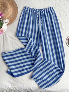 SHEIN EZwear Plus Size Striped Colorblock Drawstring Waist Pants For Daily Wear - Royal Blue - View 4