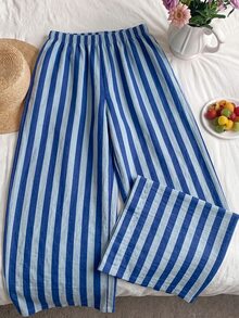 SHEIN EZwear Plus Size Striped Colorblock Drawstring Waist Pants For Daily Wear - Royal Blue - View 2