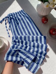 SHEIN EZwear Plus Size Striped Colorblock Drawstring Waist Pants For Daily Wear - Royal Blue - View 7