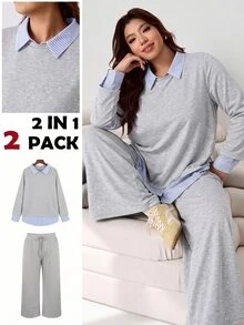 Solflare 2025秋冬戶外約會休閒通勤聚會居家時尚都市多場景百搭內外層疊穿襯衫 2合1藍白條紋襯衫布料拼接套頭衛衣長褲套裝 寬鬆淺灰色大尺碼2件套 - 淺灰色 - 查看 1