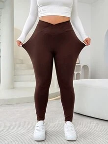 SHEIN EZwear Plus Size Women Solid Color Asymmetric Waist Casual Leggings - Chocolate Brown - View 4