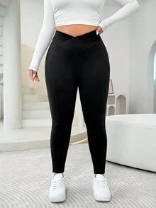 SHEIN EZwear Plus Size Women Solid Color Asymmetric Waist Casual Leggings - Chocolate Brown - View 5