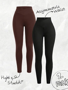 SHEIN EZwear Plus Size Women Solid Color Asymmetric Waist Casual Leggings - Chocolate Brown - View 1