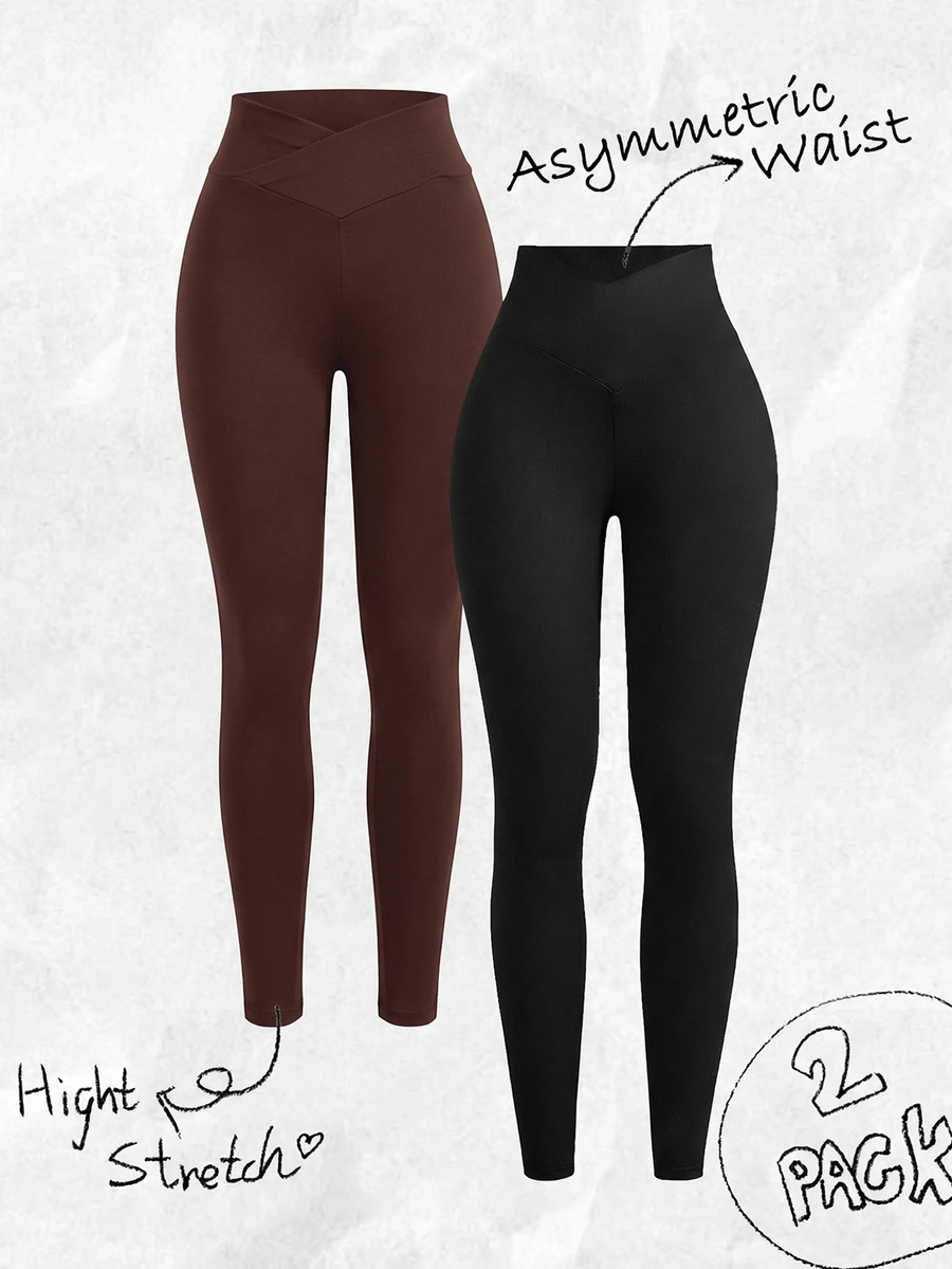 SHEIN EZwear Plus Size Women Solid Color Asymmetric Waist Casual Leggings - Chocolate Brown - View 1