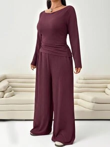 Solflare Plus Size Women's Solid Color Large Scoop Neck Cinched Waist Pleated Long Sleeve Top And Textured Casual Loose Pants 2 Pieces Set Fall - Burgundy - View 7