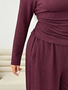 Solflare Plus Size Women's Solid Color Large Scoop Neck Cinched Waist Pleated Long Sleeve Top And Textured Casual Loose Pants 2 Pieces Set Fall - Burgundy - View 6