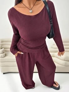 Solflare Plus Size Women's Solid Color Large Scoop Neck Cinched Waist Pleated Long Sleeve Top And Textured Casual Loose Pants 2 Pieces Set Fall - Burgundy - View 3
