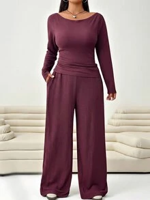 Solflare Plus Size Women's Solid Color Large Scoop Neck Cinched Waist Pleated Long Sleeve Top And Textured Casual Loose Pants 2 Pieces Set Fall - Burgundy - View 5