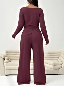 Solflare Plus Size Women's Solid Color Large Scoop Neck Cinched Waist Pleated Long Sleeve Top And Textured Casual Loose Pants 2 Pieces Set Fall - Burgundy - View 2