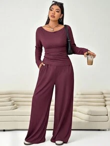 Solflare Plus Size Women's Solid Color Large Scoop Neck Cinched Waist Pleated Long Sleeve Top And Textured Casual Loose Pants 2 Pieces Set Fall - Burgundy - View 1